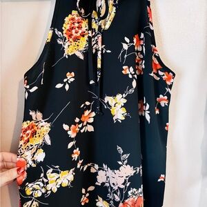 Papermoon Black Floral Tie-Neck Camisole with Coral & Yellow Blooms